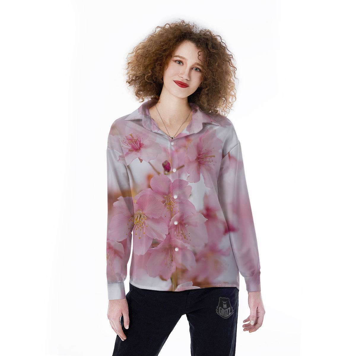Cherry Blossom Pink Print Women's Long Sleeve Shirts-grizzshop
