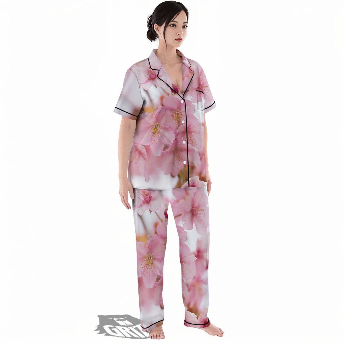 Cherry Blossom Pink Print Women's Pajamas Set-grizzshop