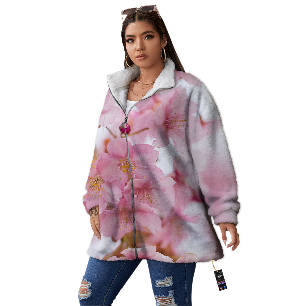 Cherry Blossom Pink Print Women's Sherpa Jacket-grizzshop