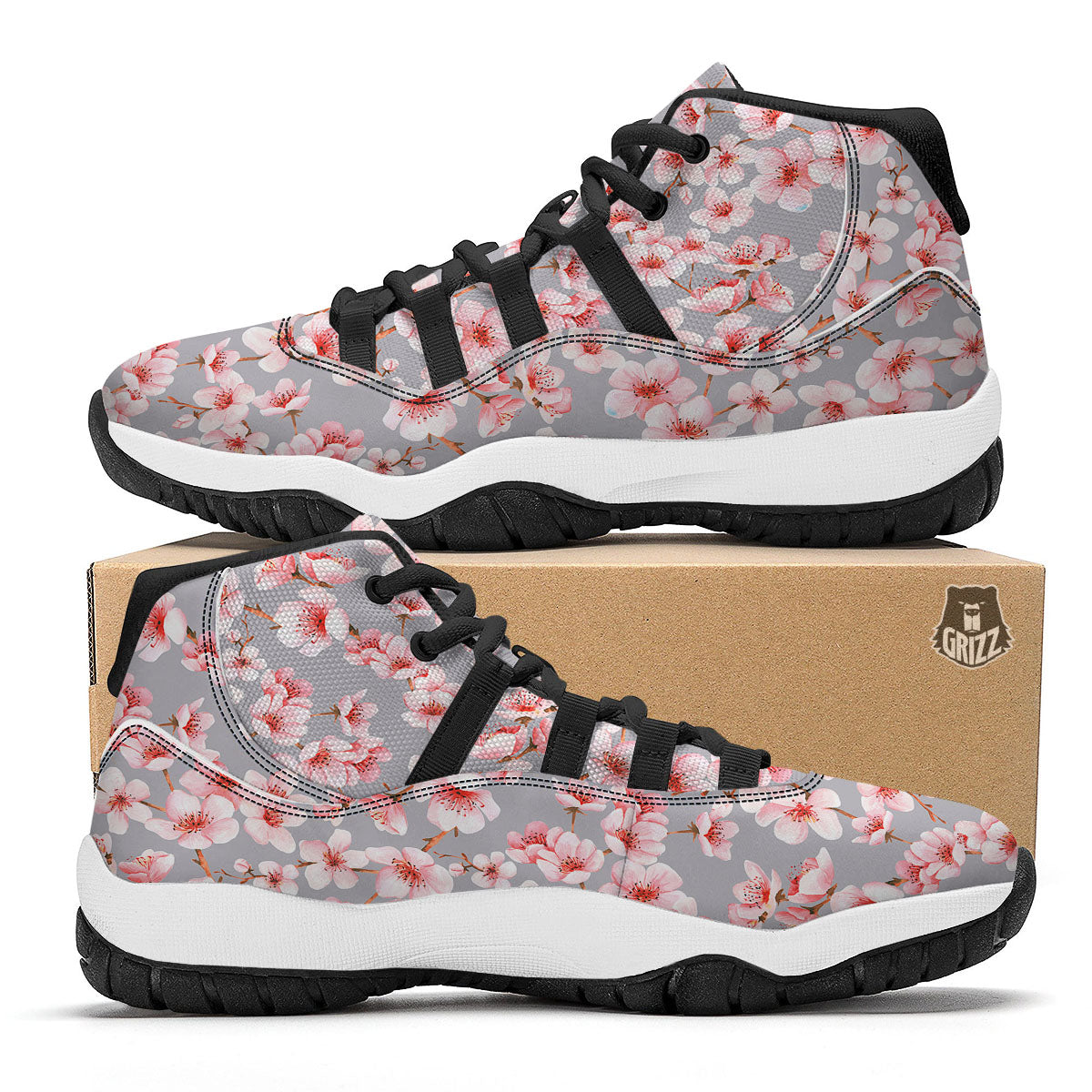 Cherry Blossom Pink Sakura Print Pattern Black Bball Shoes-grizzshop