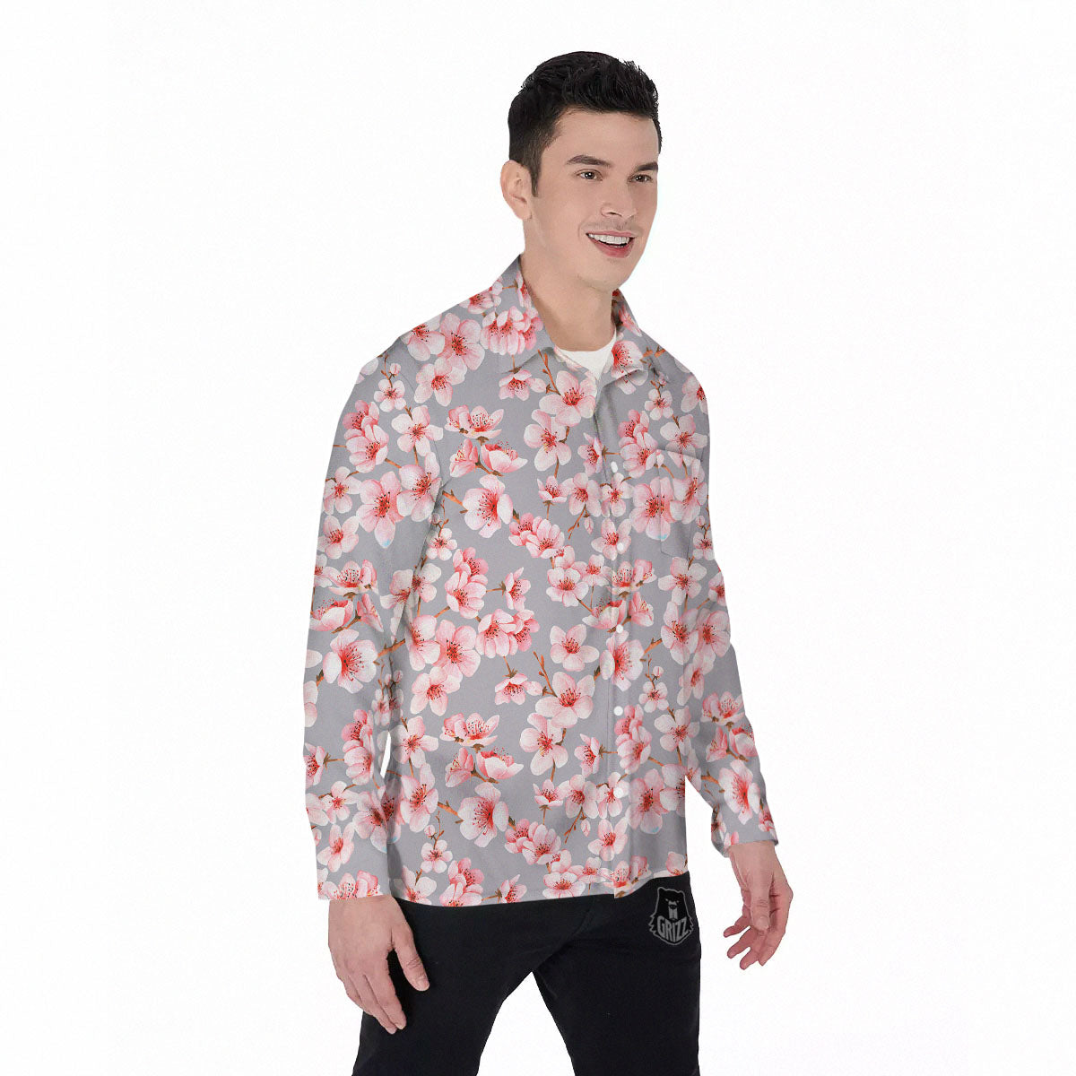 Cherry Blossom Pink Sakura Print Pattern Men's Long Sleeve Shirts-grizzshop
