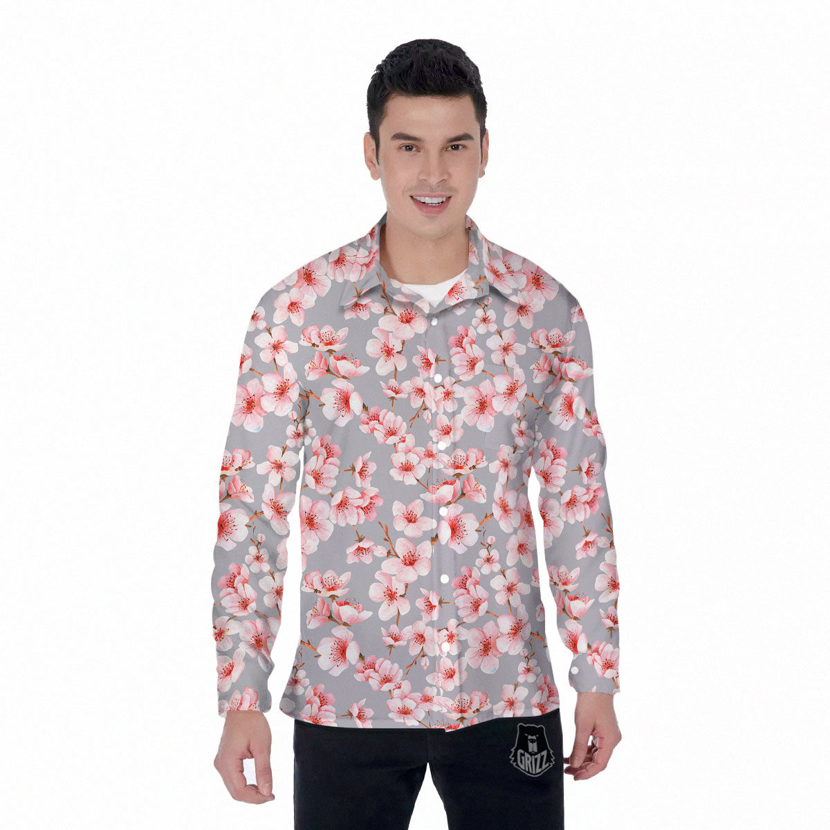 Cherry Blossom Pink Sakura Print Pattern Men's Long Sleeve Shirts-grizzshop