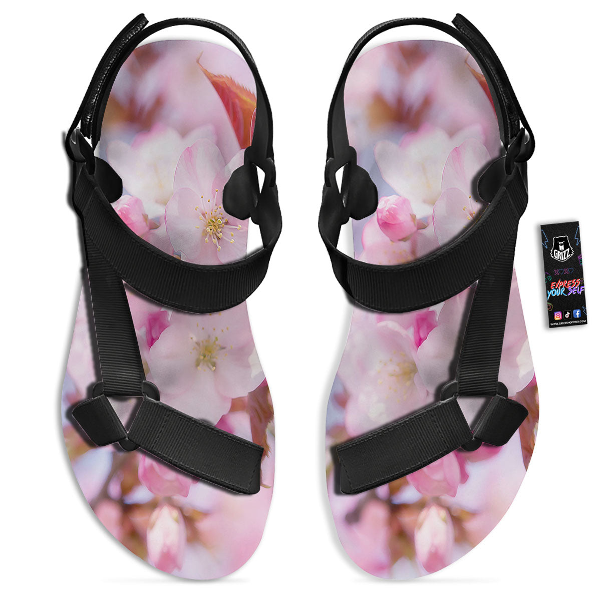 Cherry Blossom Sakura Flower Print Black Open Toe Sandals-grizzshop