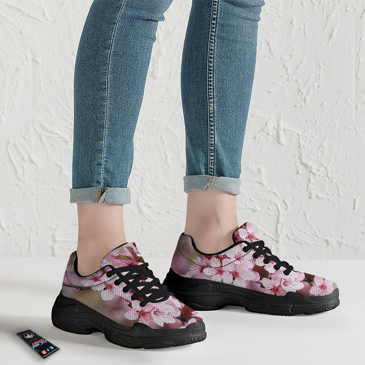Cherry Blossom Sakura Print Black Chunky Shoes-grizzshop