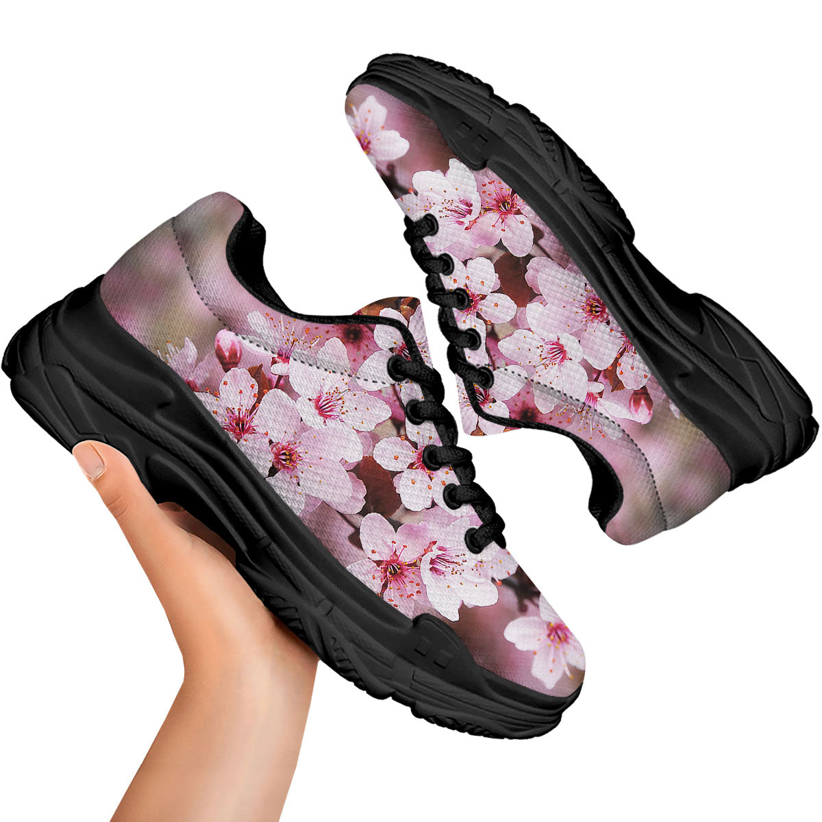 Cherry Blossom Sakura Print Black Chunky Shoes-grizzshop