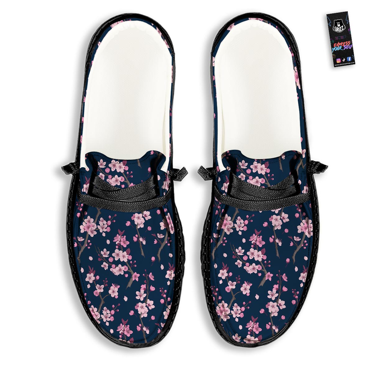 Cherry Blossom Sakura Print Pattern Black Loafers-grizzshop