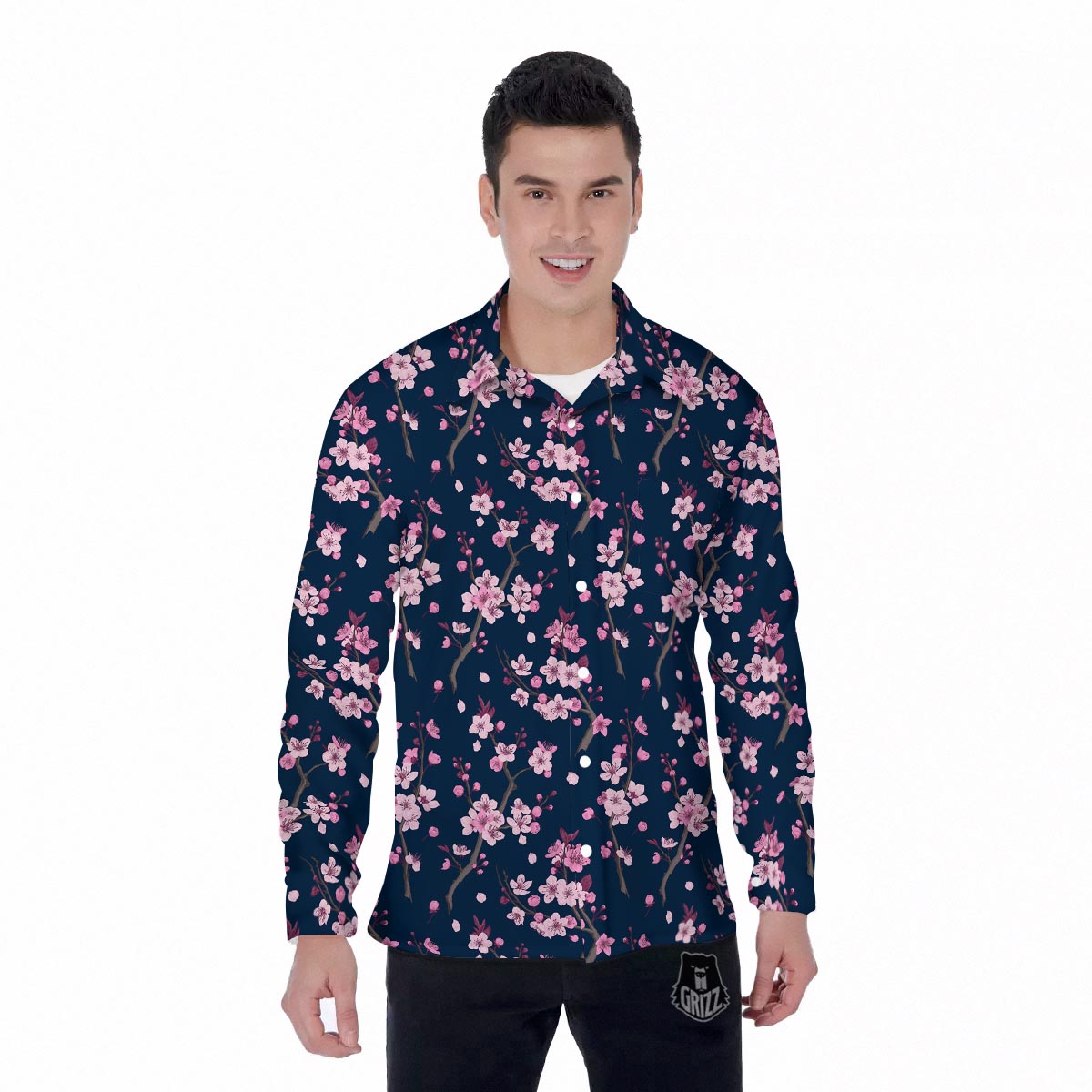 Cherry Blossom Sakura Print Pattern Men's Long Sleeve Shirts-grizzshop
