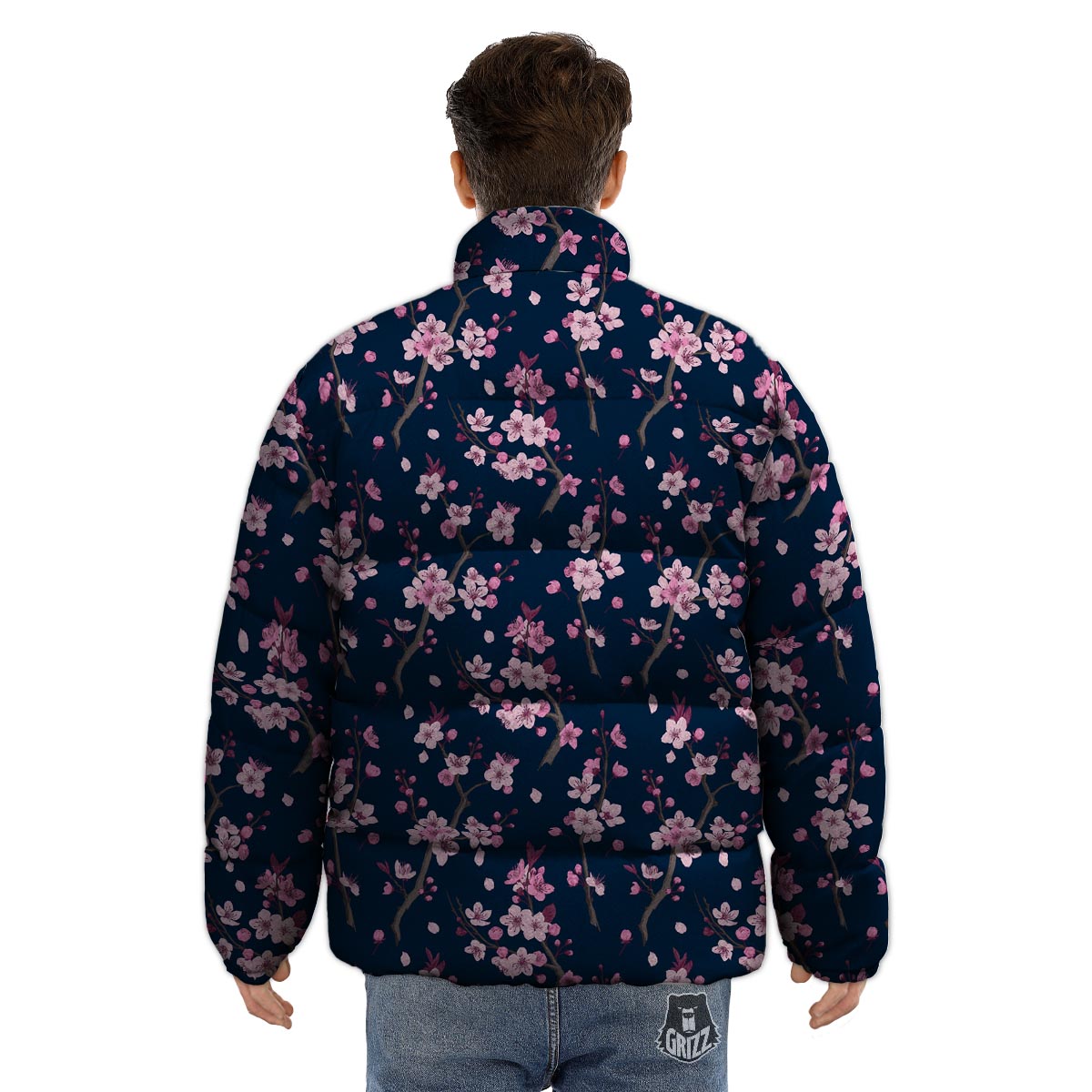 Cherry Blossom Sakura Print Pattern Puffer Jacket-grizzshop