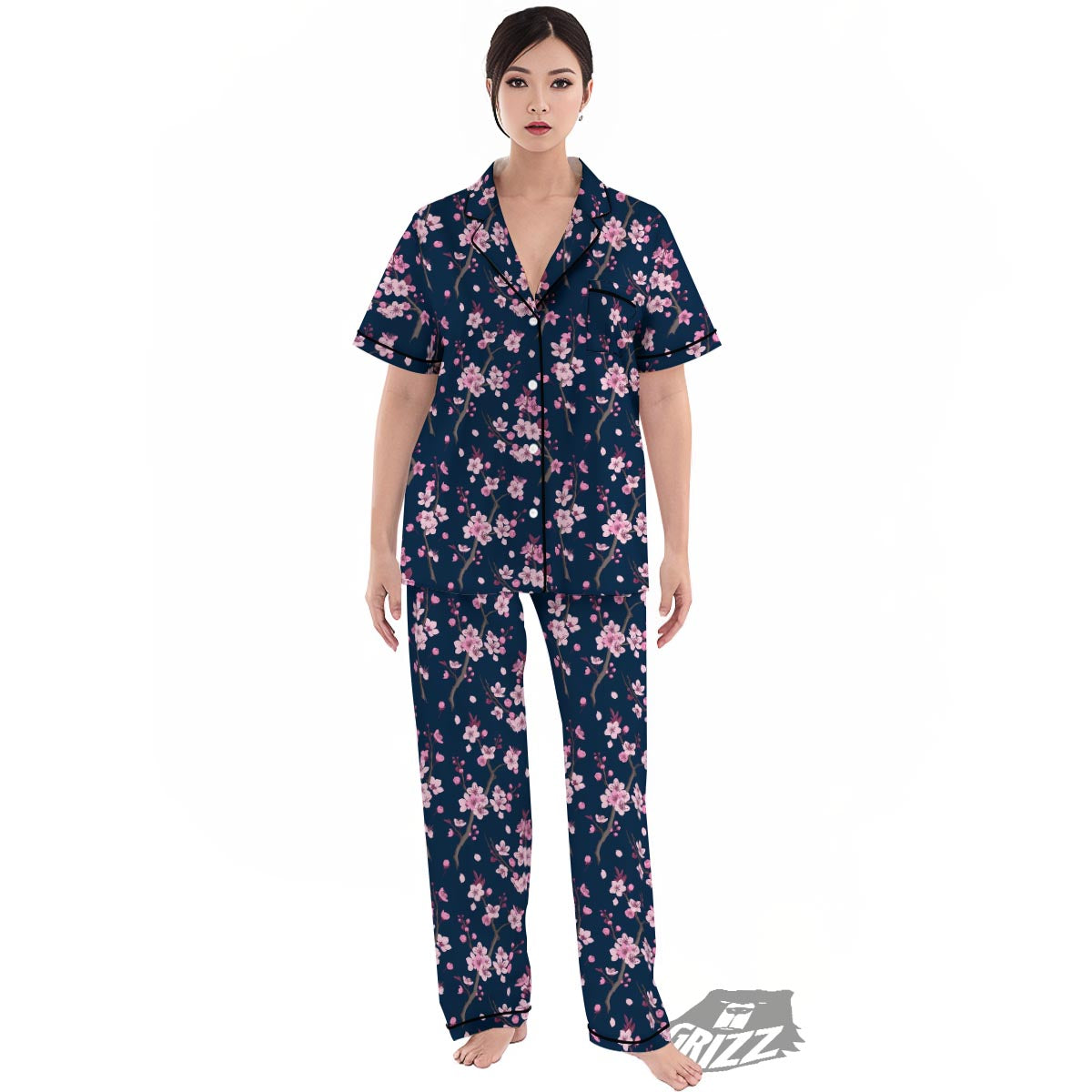 Cherry Blossom Sakura Print Pattern Women's Pajamas Set-grizzshop