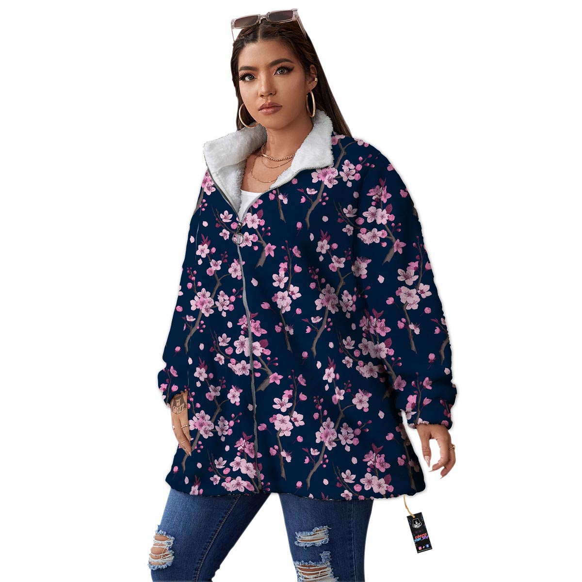 Cherry Blossom Sakura Print Pattern Women's Sherpa Jacket-grizzshop