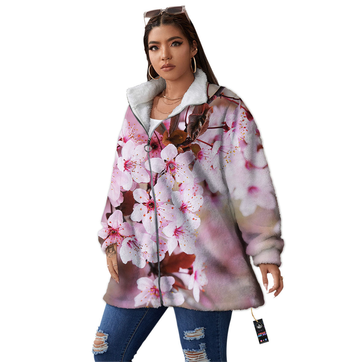 Cherry Blossom Sakura Print Women's Sherpa Jacket-grizzshop