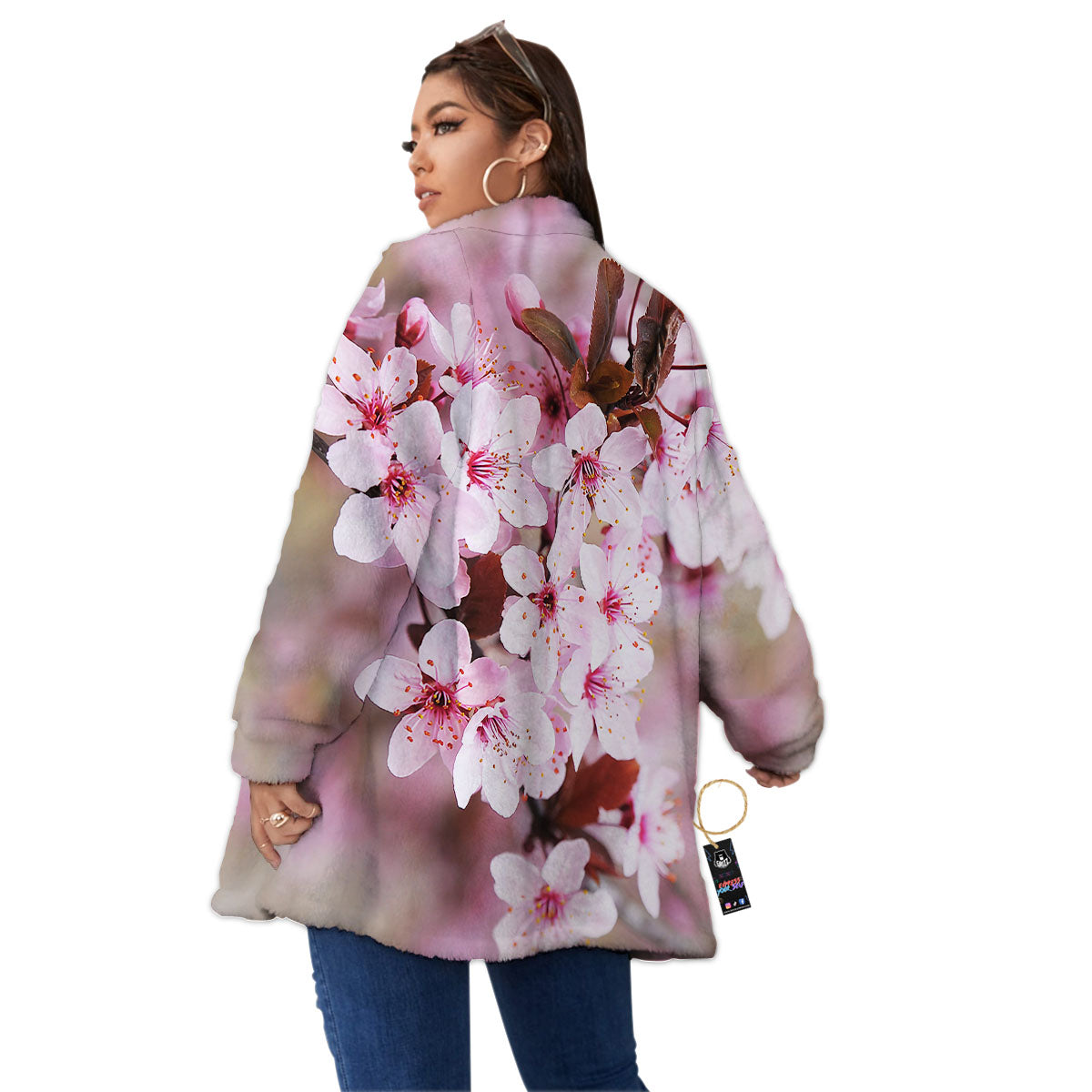 Cherry Blossom Sakura Print Women's Sherpa Jacket-grizzshop