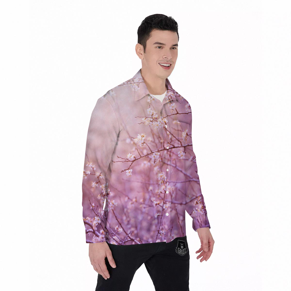 Cherry Blossom Sunrise Japanese Print Men's Long Sleeve Shirts-grizzshop