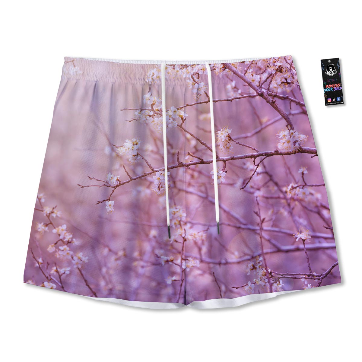 Cherry Blossom Sunrise Japanese Print Mesh Shorts