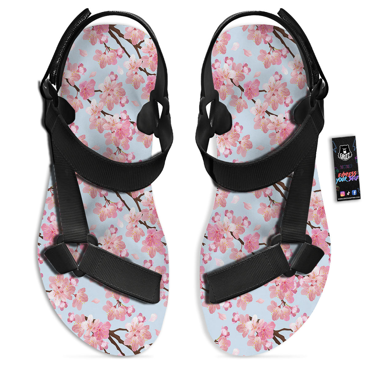 Cherry Blossom Tree Japanese Print Pattern Black Open Toe Sandals-grizzshop