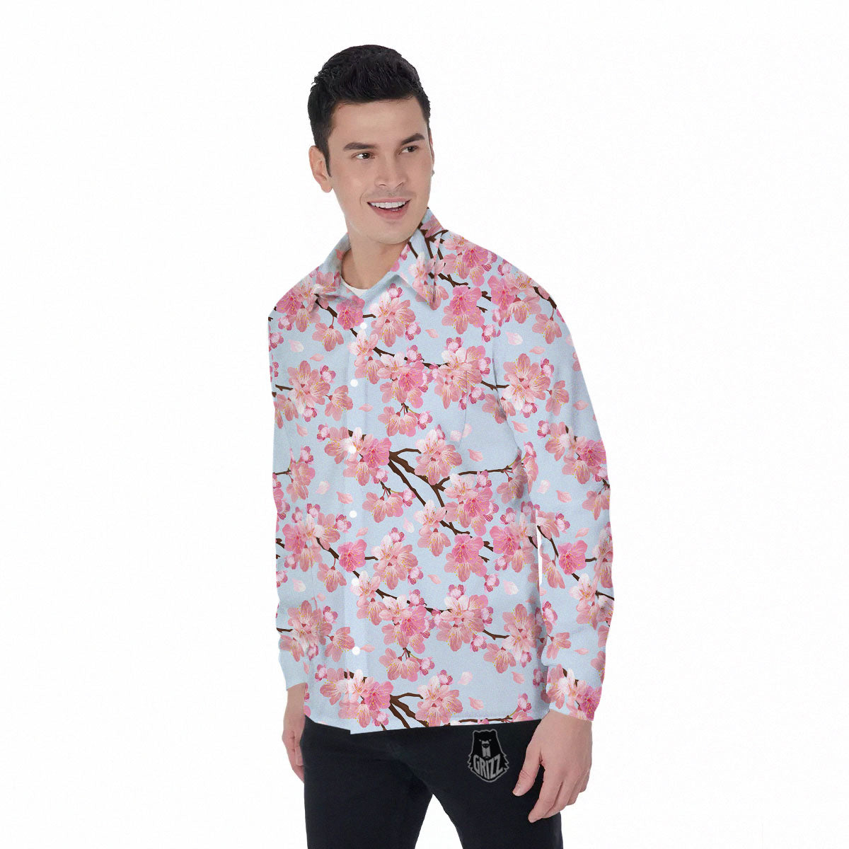 Cherry Blossom Tree Japanese Print Pattern Men's Long Sleeve Shirts-grizzshop