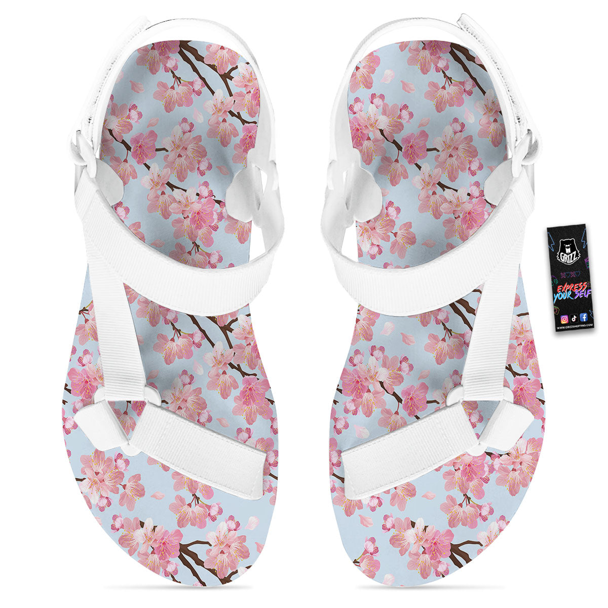 Cherry Blossom Tree Japanese Print Pattern White Open Toe Sandals-grizzshop