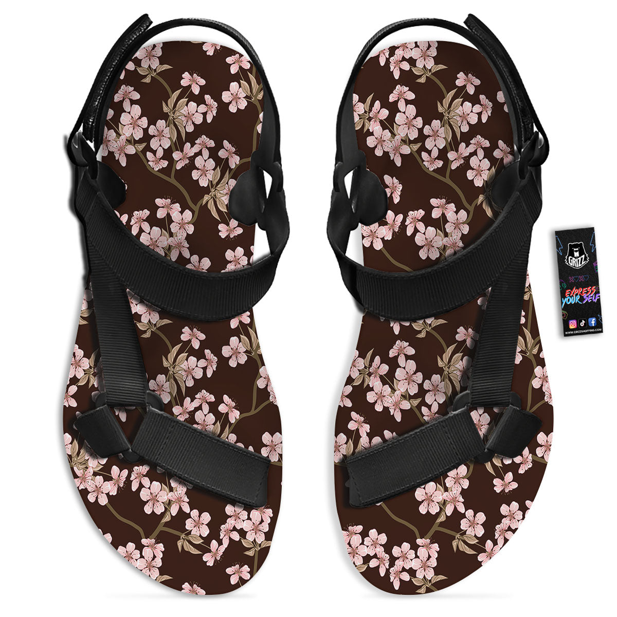 Cherry Blossom Vintage Print Pattern Black Open Toe Sandals-grizzshop