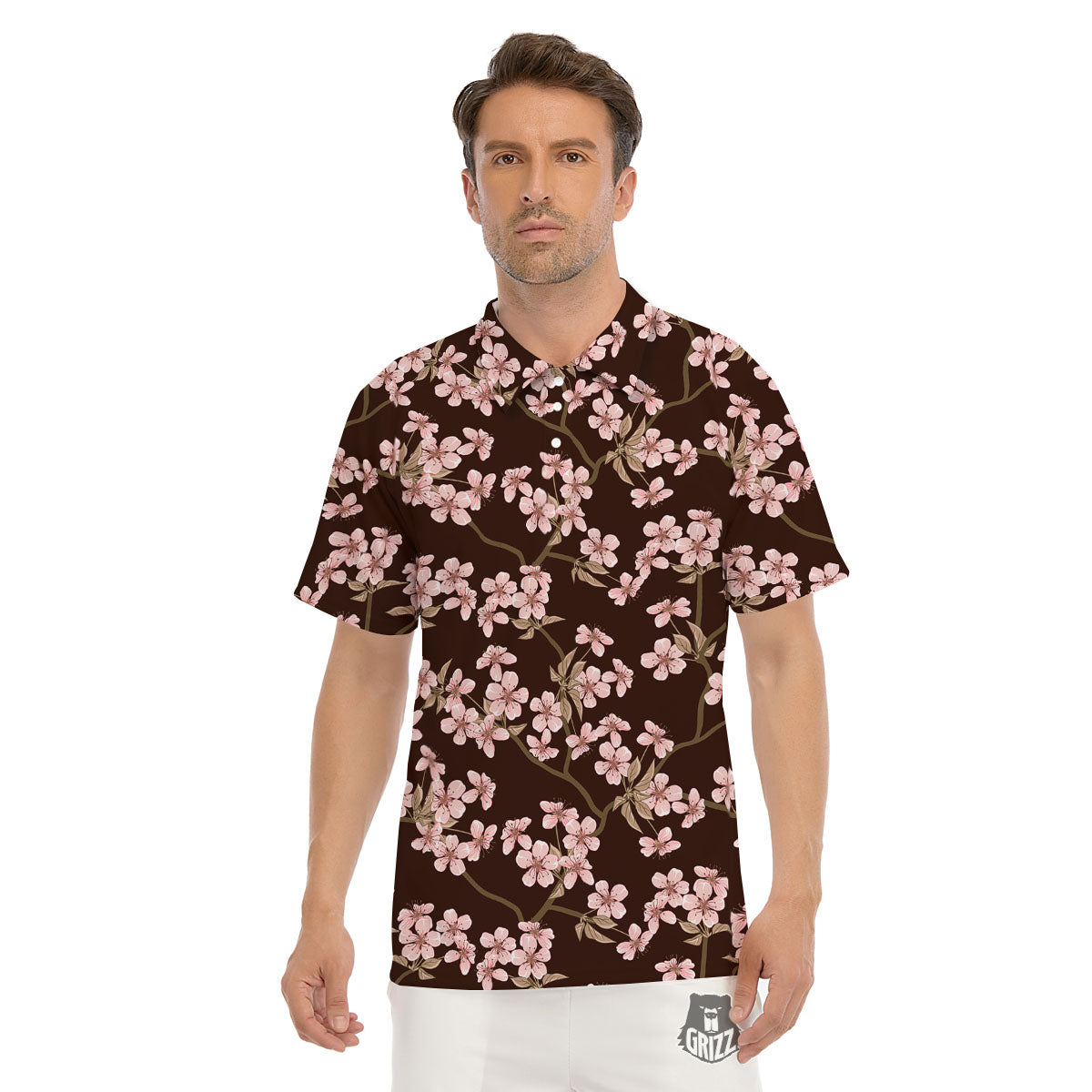 Cherry Blossom Vintage Print Pattern Men's Golf Shirts-grizzshop