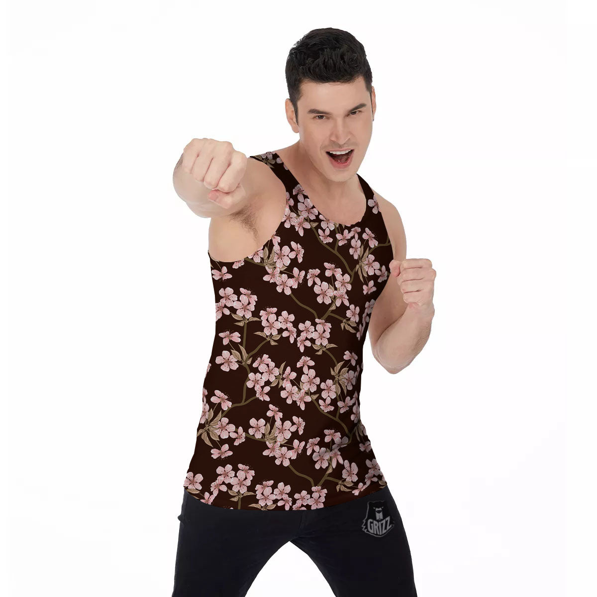 Cherry Blossom Vintage Print Pattern Men's Tank Top-grizzshop