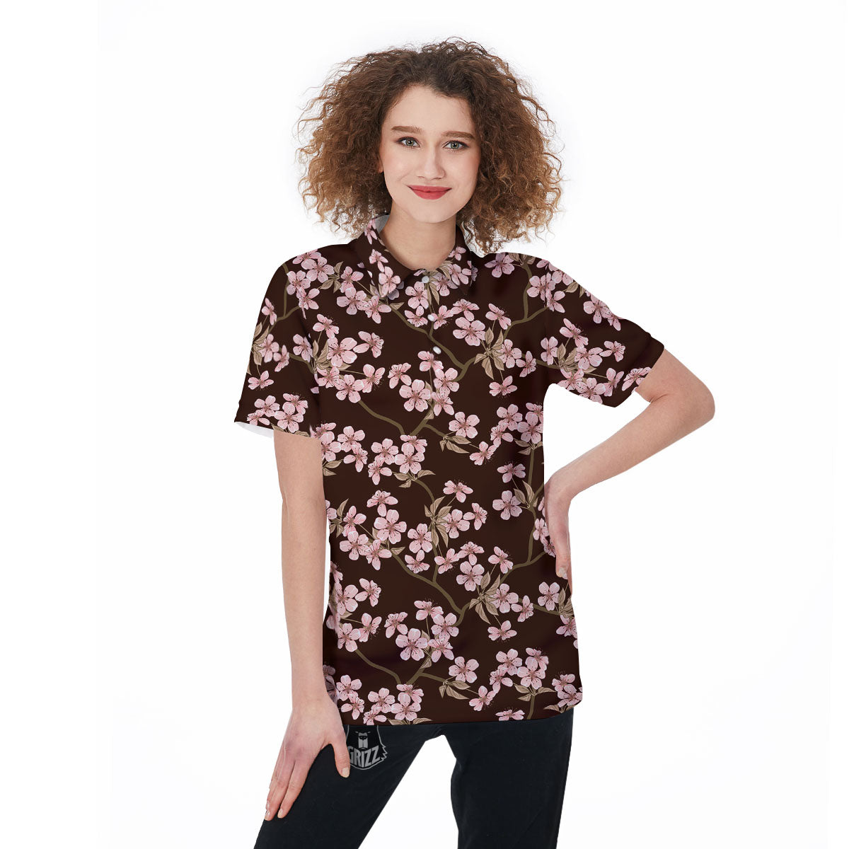 Cherry Blossom Vintage Print Pattern Women's Golf Shirts-grizzshop
