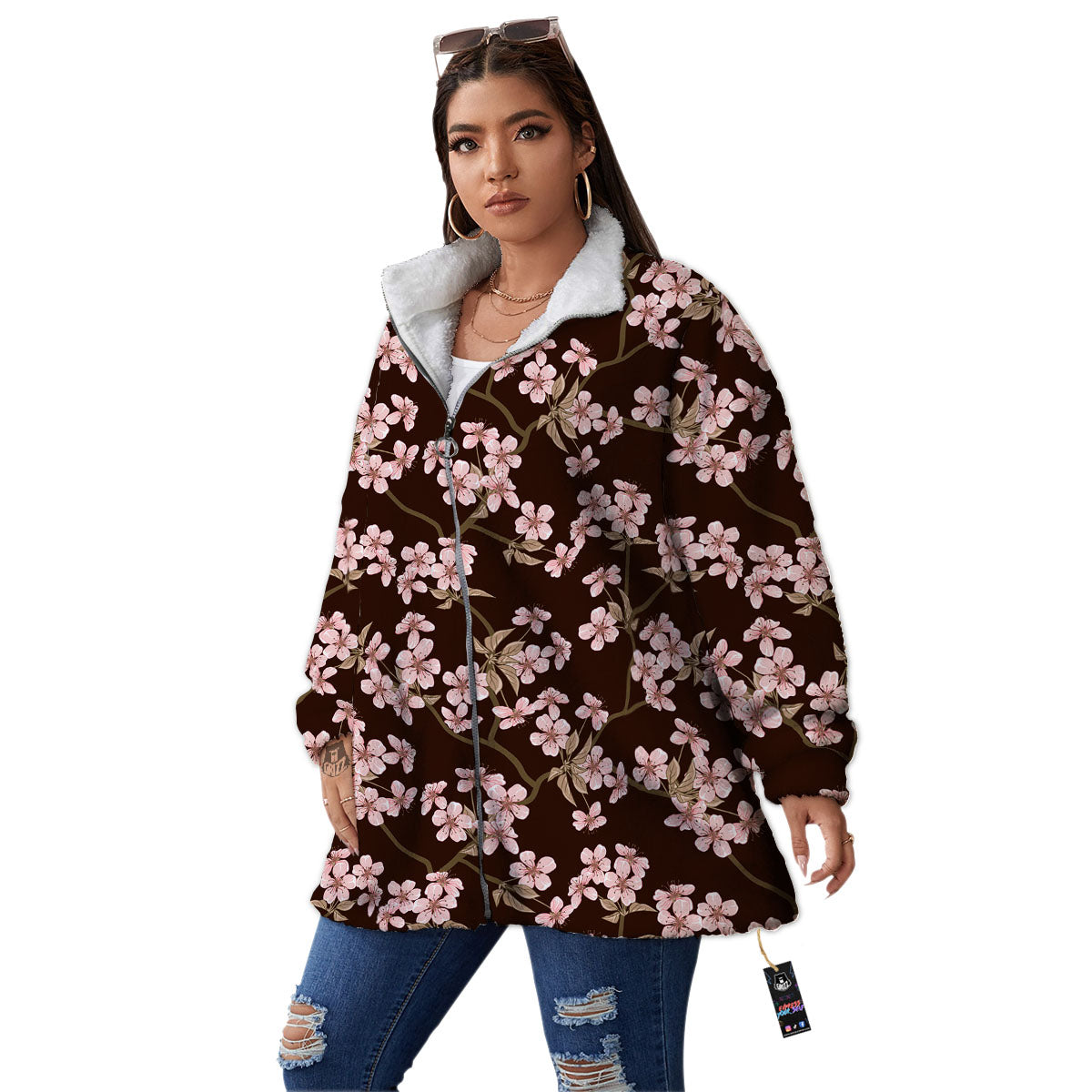 Cherry Blossom Vintage Print Pattern Women's Sherpa Jacket-grizzshop