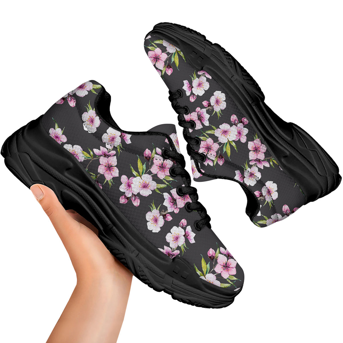 Cherry Blossom Watercolor Print Pattern Black Chunky Shoes-grizzshop