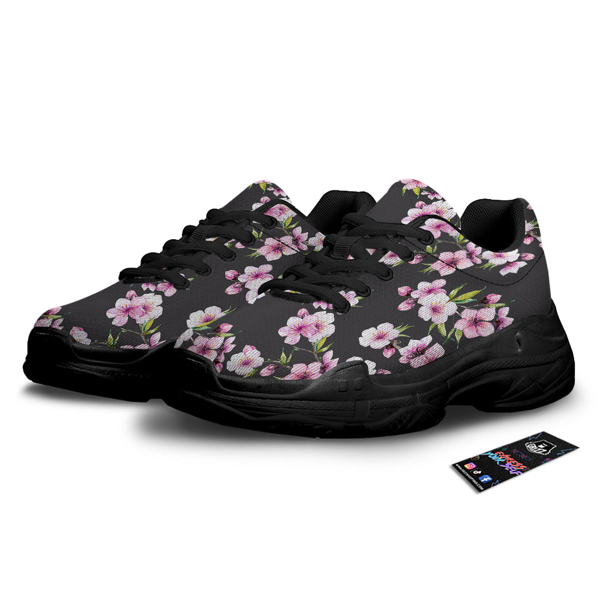 Cherry Blossom Watercolor Print Pattern Black Chunky Shoes-grizzshop