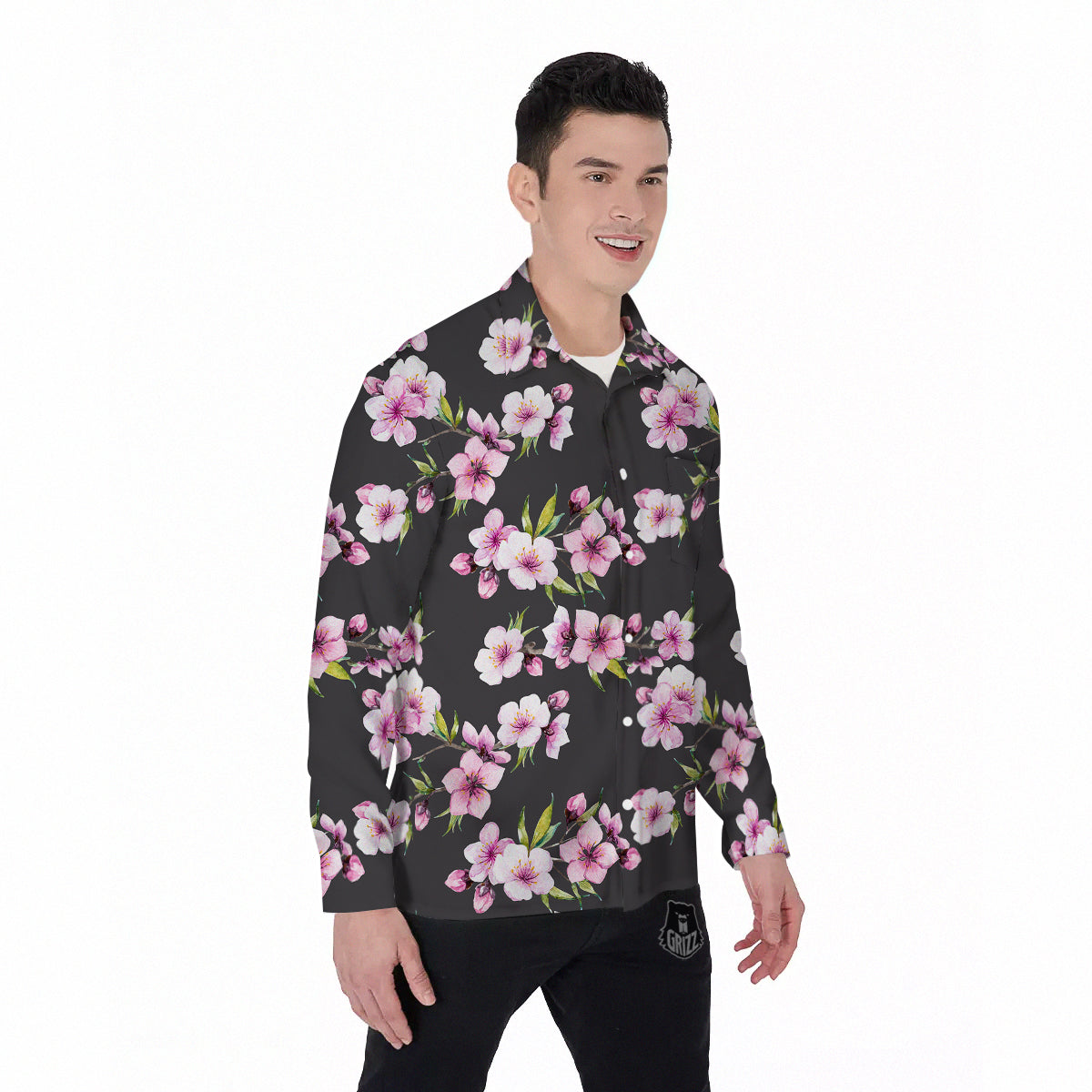 Cherry Blossom Watercolor Print Pattern Men's Long Sleeve Shirts-grizzshop