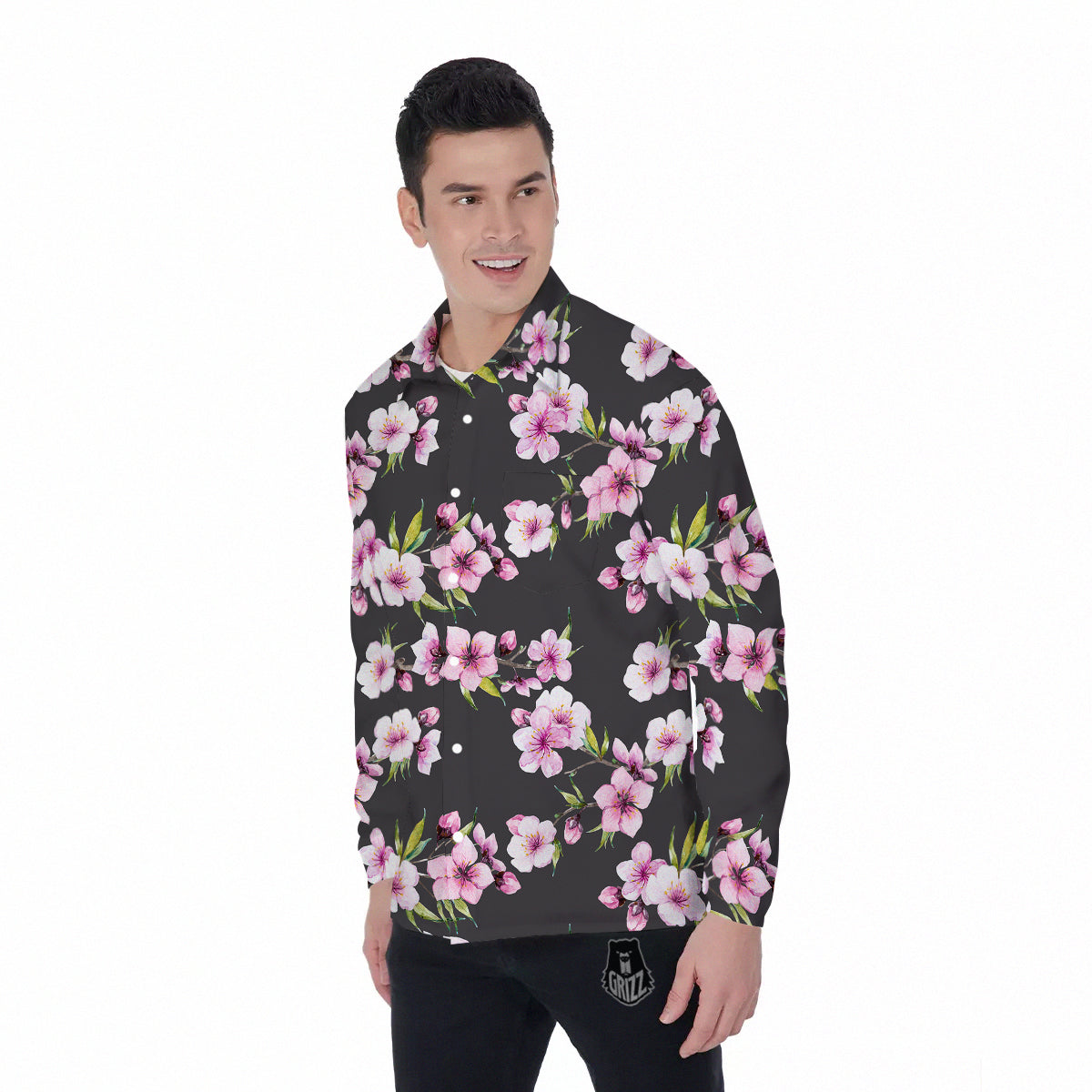 Cherry Blossom Watercolor Print Pattern Men's Long Sleeve Shirts-grizzshop