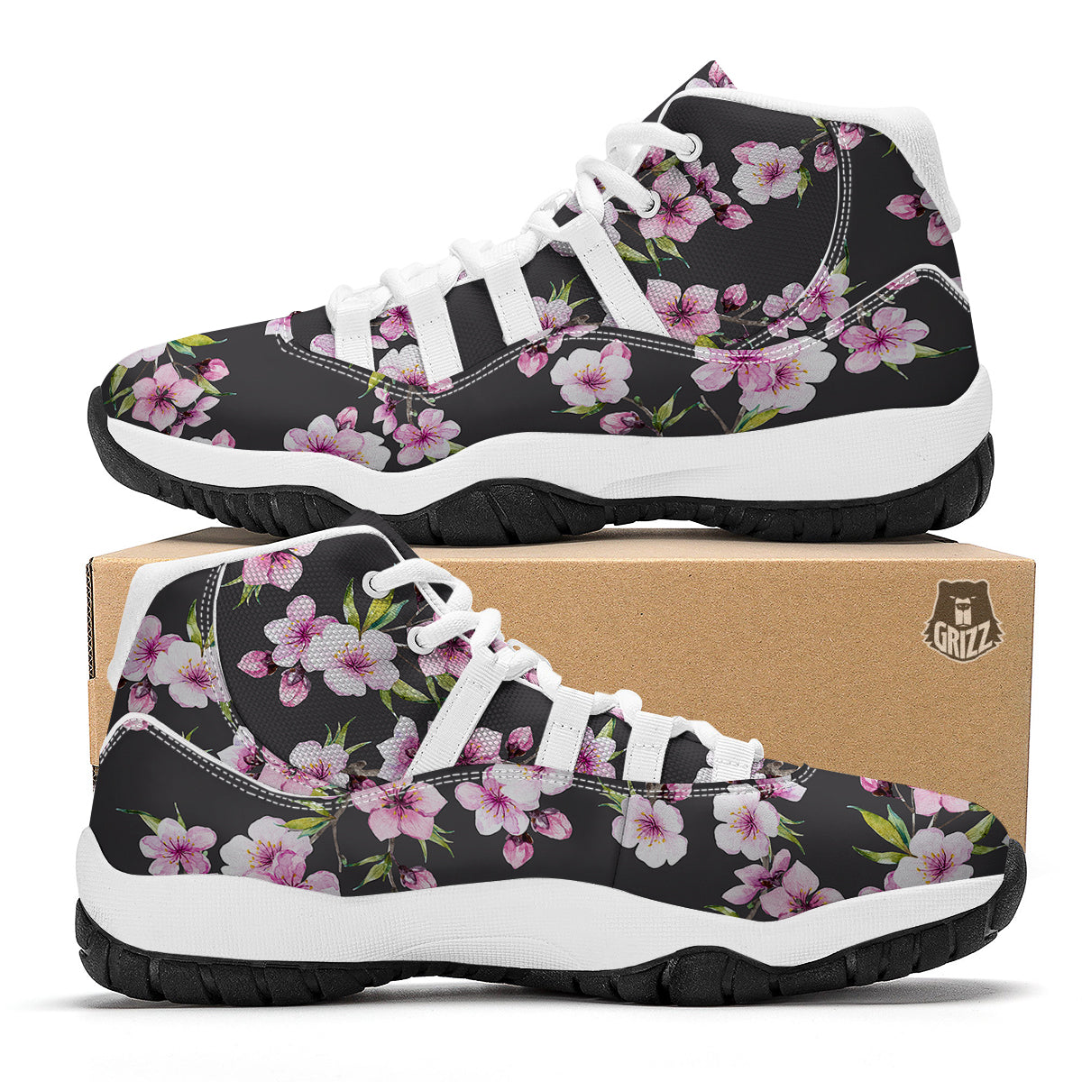 Cherry Blossom Watercolor Print Pattern White Bball Shoes-grizzshop