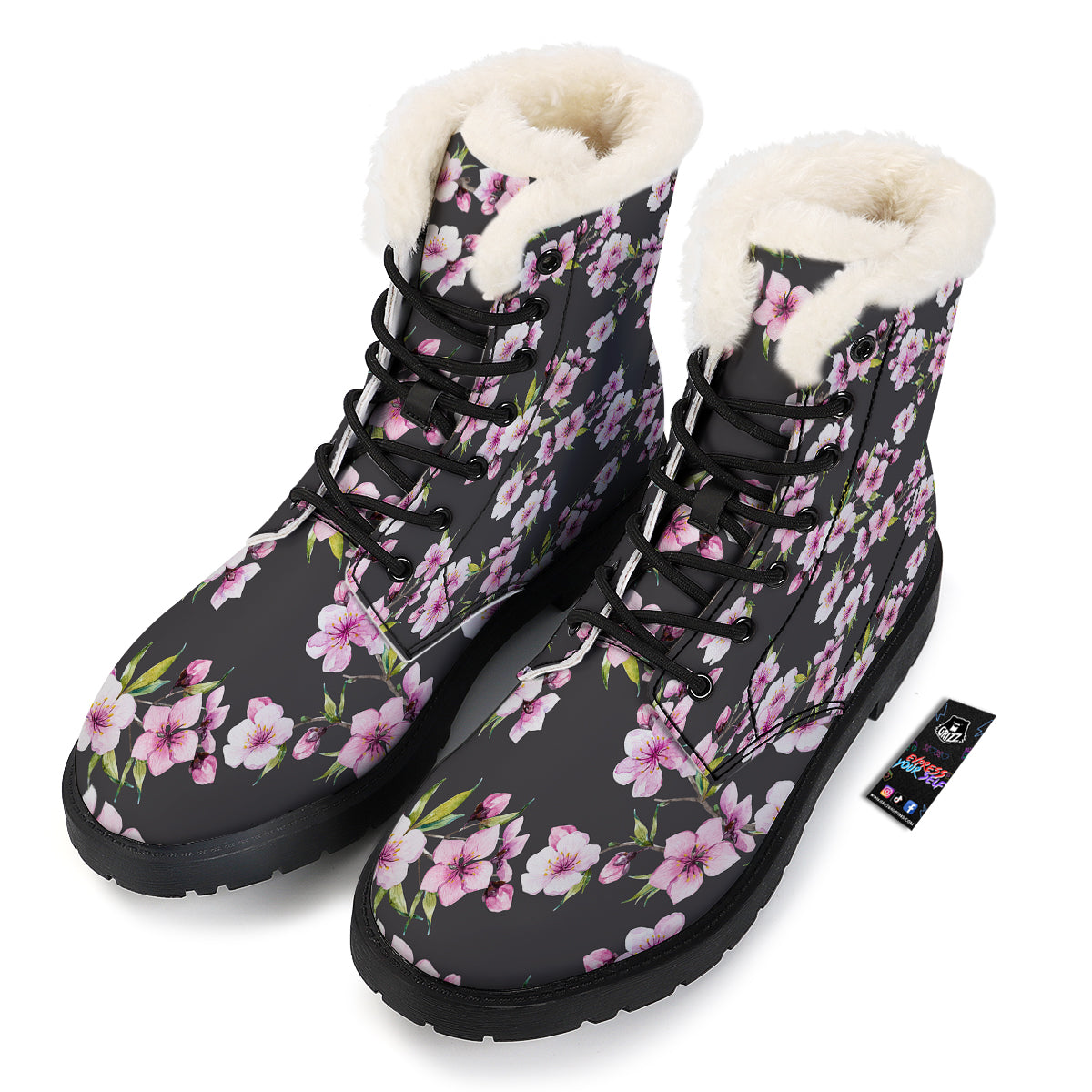 Cherry Blossom Watercolor Print Pattern Winter Boots-grizzshop