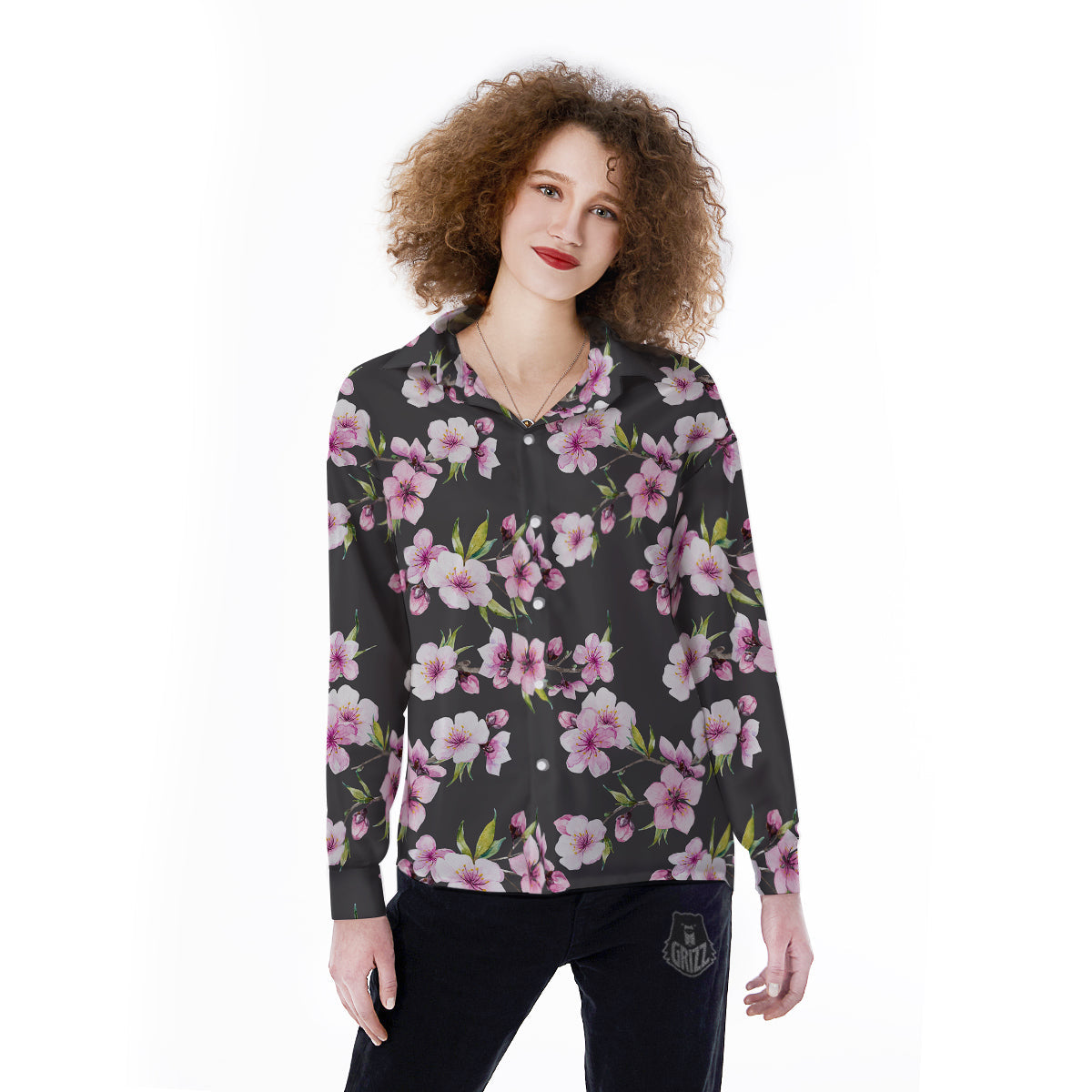Cherry Blossom Watercolor Print Pattern Women's Long Sleeve Shirts-grizzshop