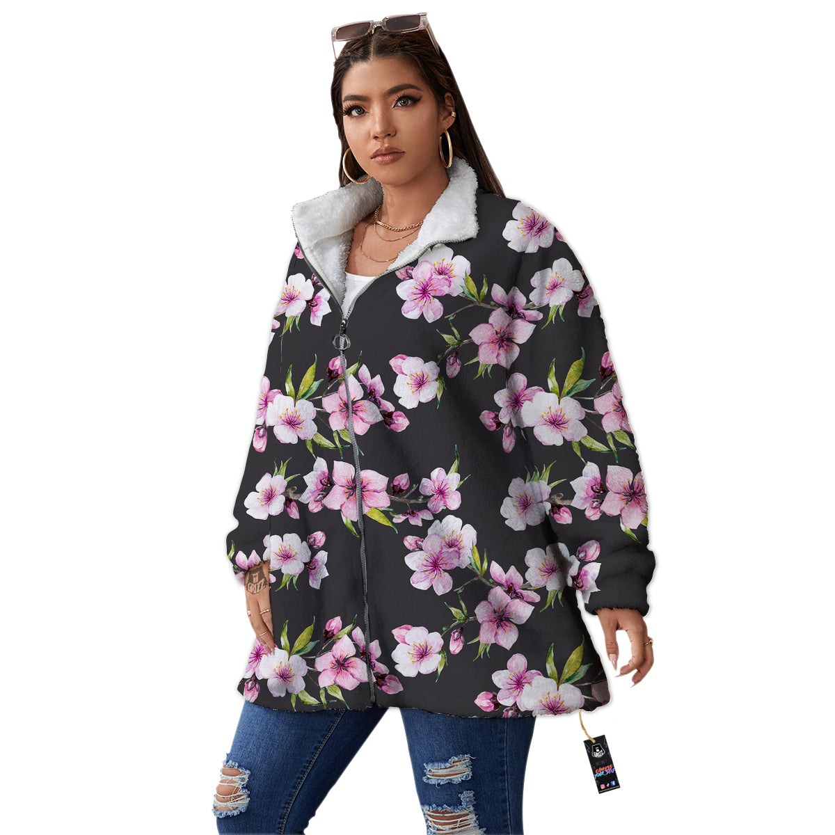 Cherry Blossom Watercolor Print Pattern Women's Sherpa Jacket-grizzshop