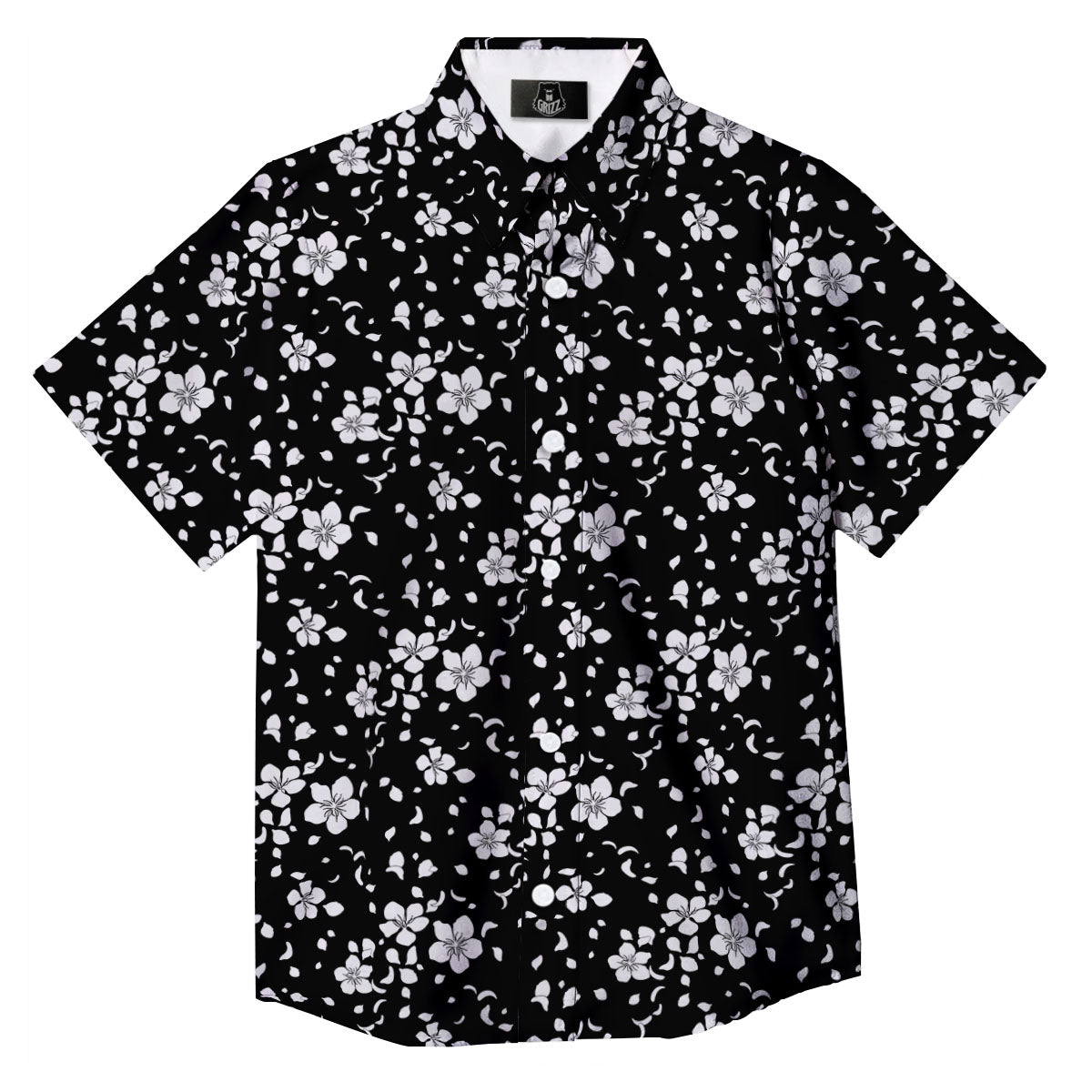 Cherry Blossom White And Black Print Button Up Shirt-grizzshop