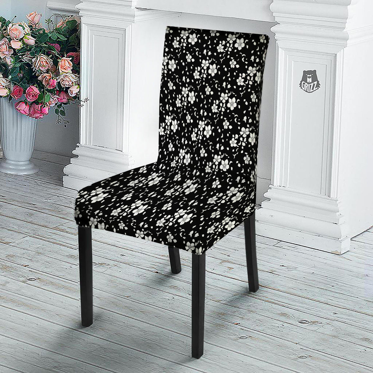 Cherry Blossom White And Black Print Dining Chair Slipcover-grizzshop