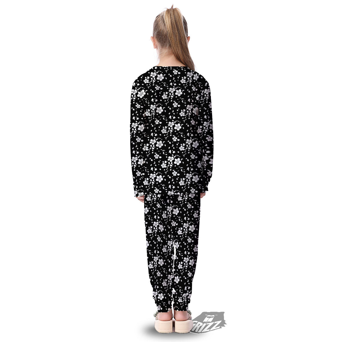 Cherry Blossom White And Black Print Kid's Pajamas-grizzshop