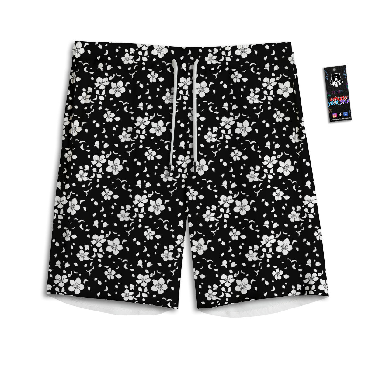 Cherry Blossom White And Black Print Men's Athletic Shorts