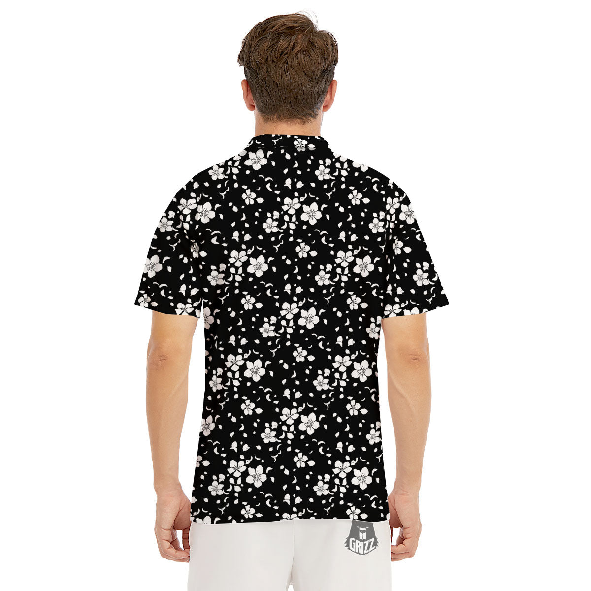 Cherry Blossom White And Black Print Men's Golf Shirts-grizzshop