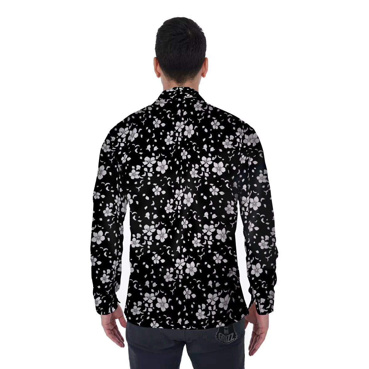 Cherry Blossom White And Black Print Men's Long Sleeve Shirts-grizzshop