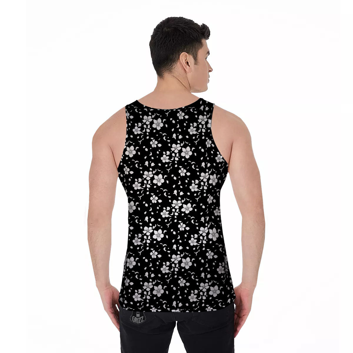 Cherry Blossom White And Black Print Men's Tank Top-grizzshop