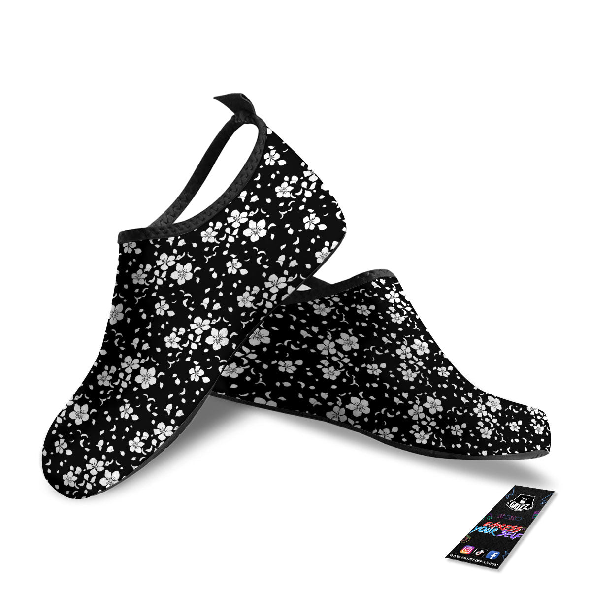 Cherry Blossom White And Black Print Water Shoes-grizzshop