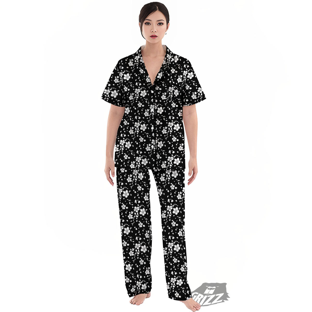 Cherry Blossom White And Black Print Women's Pajamas Set-grizzshop