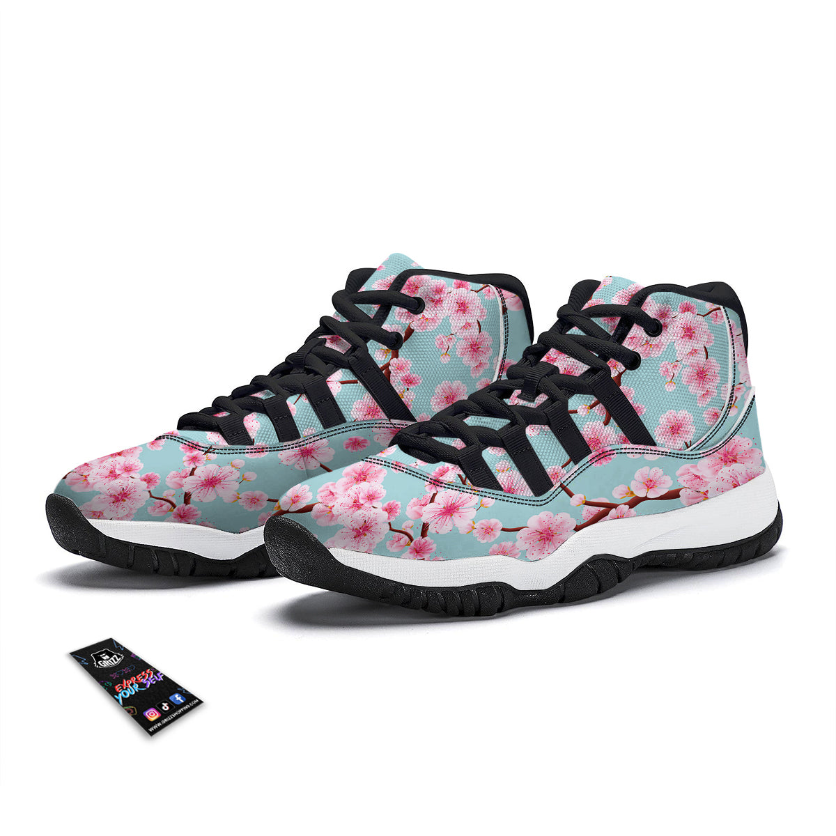Cherry Blossom White Print Pattern Black Bball Shoes-grizzshop