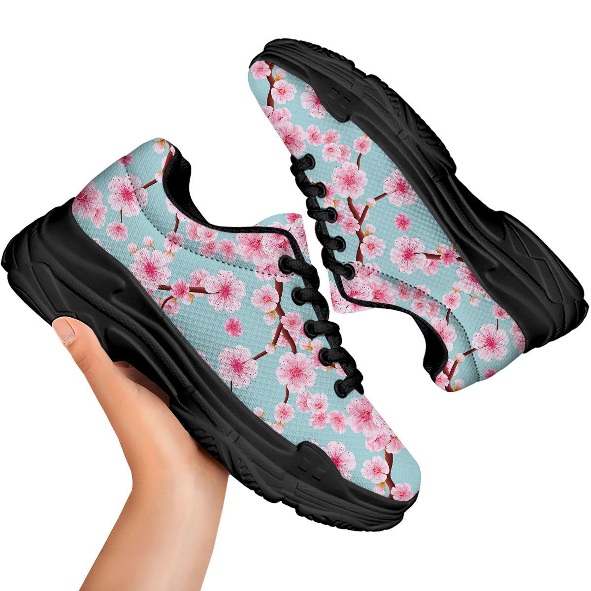 Cherry Blossom White Print Pattern Black Chunky Shoes-grizzshop