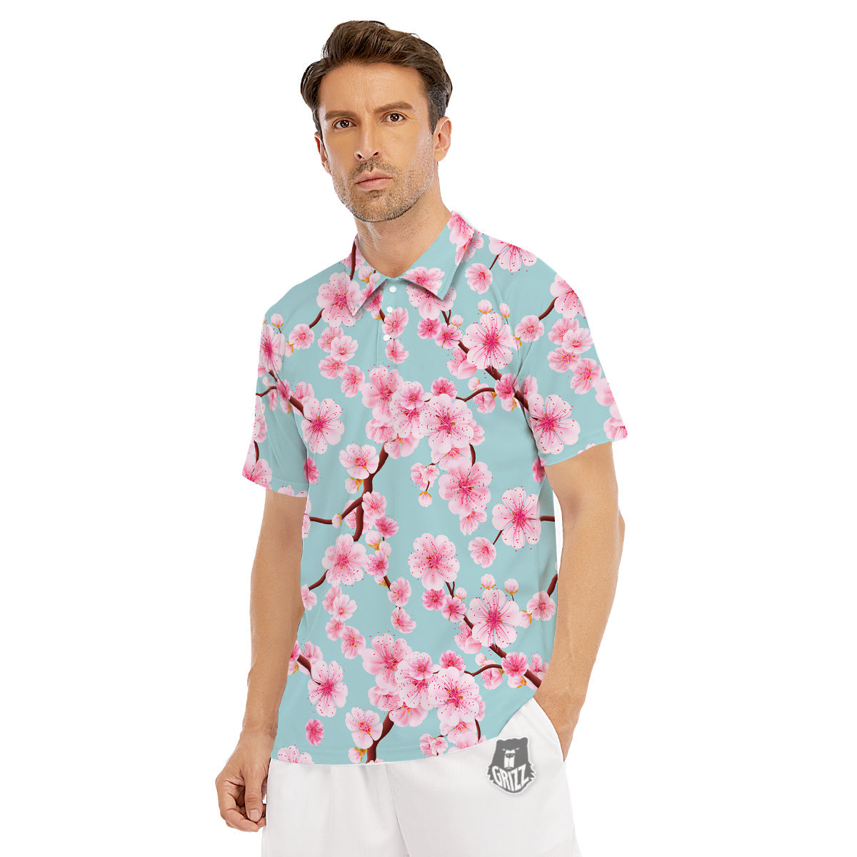 Cherry Blossom White Print Pattern Men's Golf Shirts-grizzshop