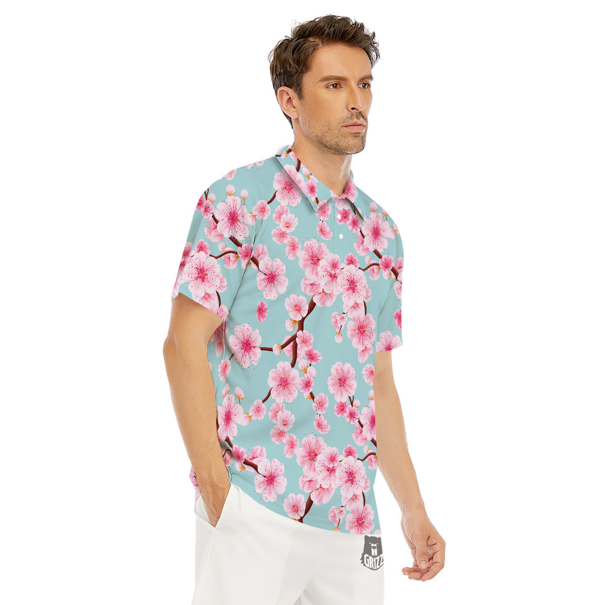 Cherry Blossom White Print Pattern Men's Golf Shirts-grizzshop