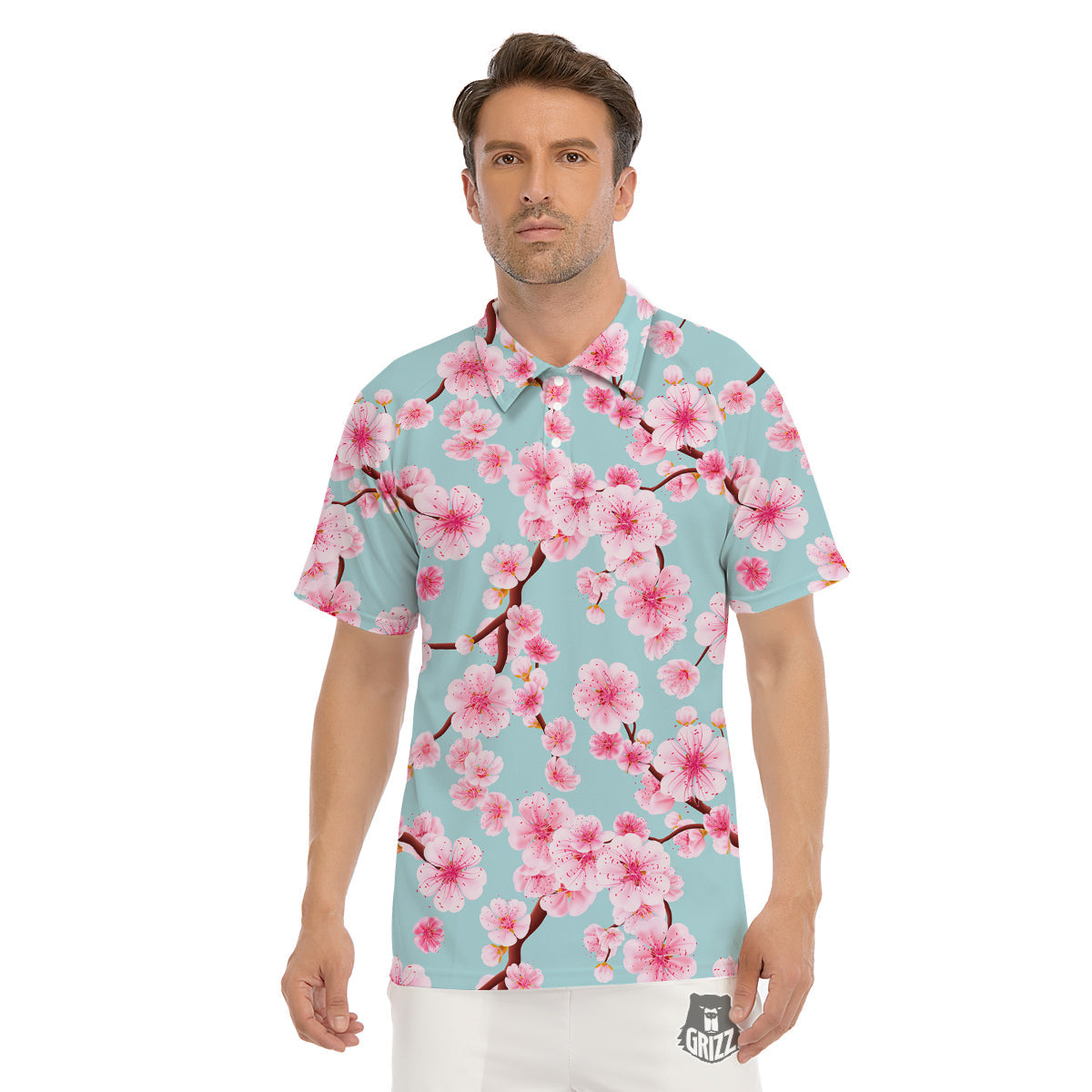 Cherry Blossom White Print Pattern Men's Golf Shirts-grizzshop