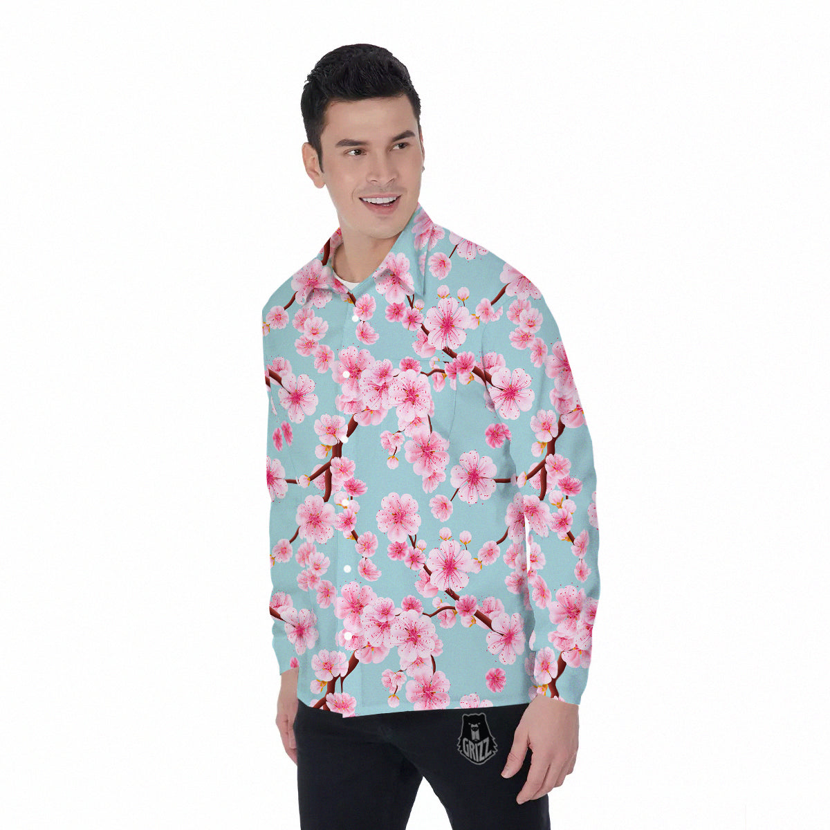 Cherry Blossom White Print Pattern Men's Long Sleeve Shirts-grizzshop