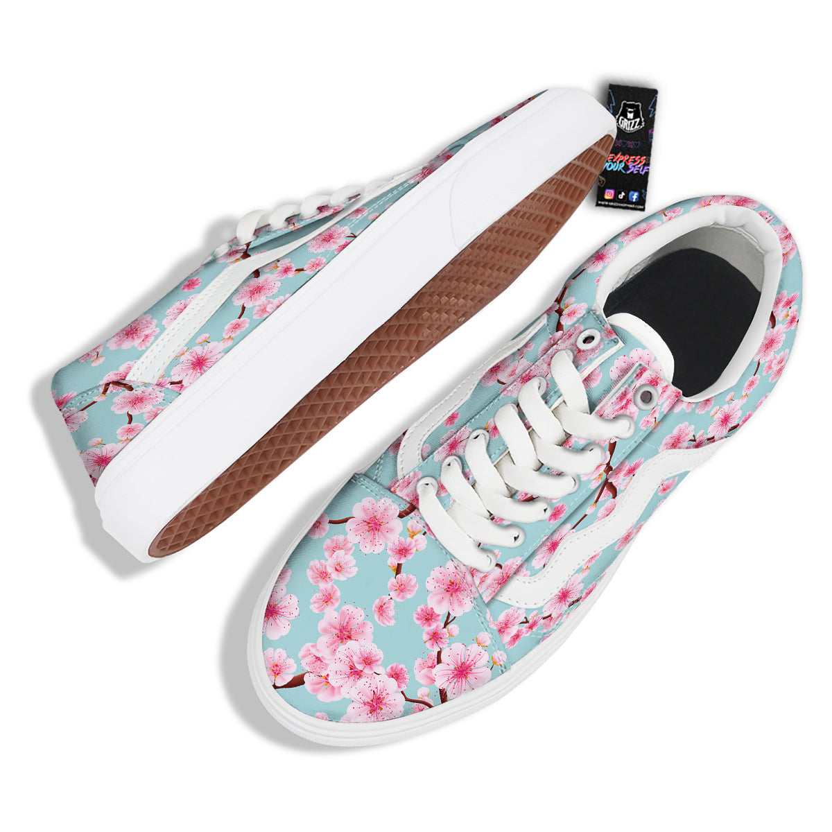 Cherry Blossom White Print Pattern Skate Shoes-grizzshop